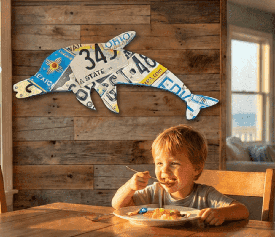 Custom license plate art in a family home